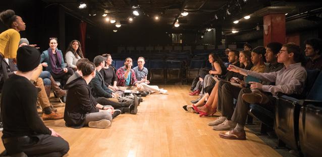 Students talk with alumni after their showcase performances to ask questions about being a professional actor in New York City.
