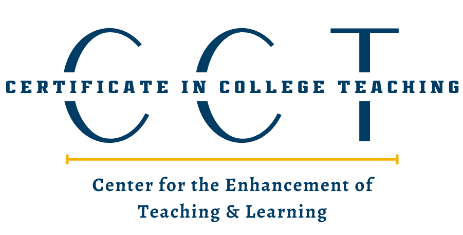 blue and gold logo certificate in college teaching