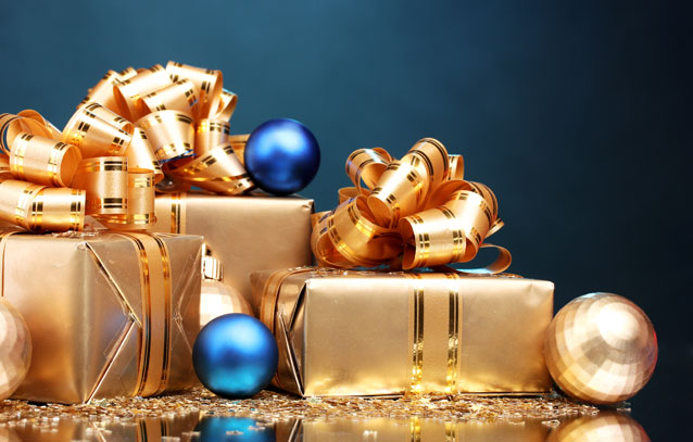 Blue and gold gifts and holiday ornaments