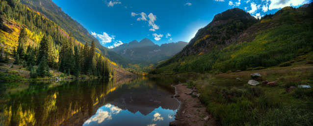 Maroon Bells (colorful mountains with a lake in the foreground)