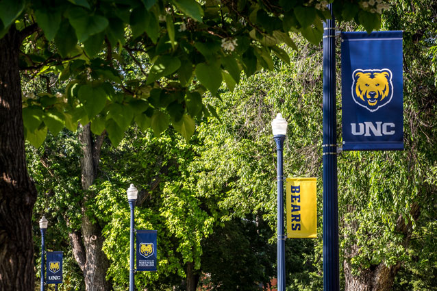 Green trees and blue-and-gold banners line UNC's campus in the summer