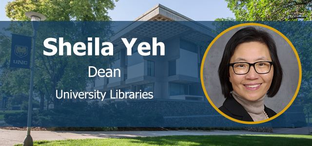 sheila yeh headshot on background of photo of Michener Library.