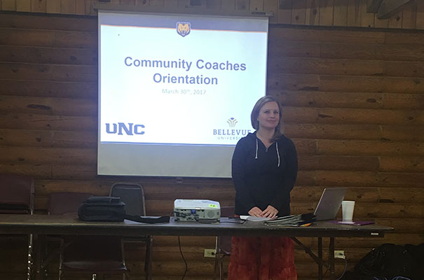 Lauren Rankin presents the Community Coaches program in March at Oglala Community College in Eagle Butte, South Dakota. She and fellow researchers met and discussed the program with the program’s mentors who will be paired with court-involved Native Americans. Photo courtesy of David Hulac