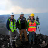 UNC EAS Department graduate students Adam LeWinter (left) and Amy Burzynski (right) with their advisory Steve Anderson (middle) at the active lava lake at Kilauea volcano