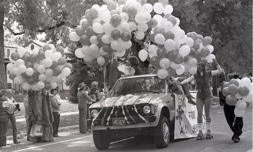 Decorated pickup truck in the Homecoming Parade, 1970s