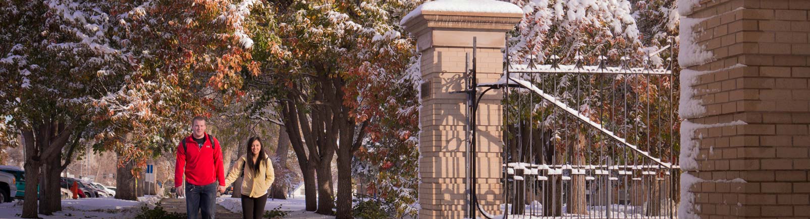 Couple holding hands near entrance to Cranford Park