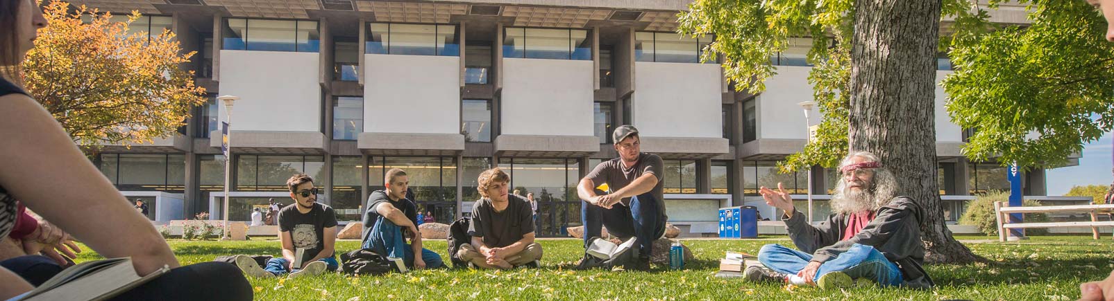 Students gathered under tree near Michener Library