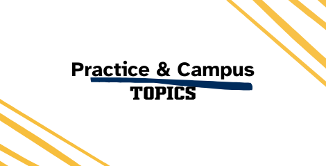 Black font on a white background reads Practice and Campus Topics. Gold lines accent the corners.