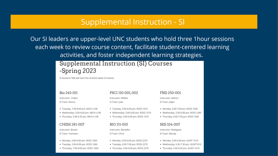 supplemental instruction (SI) courses with corresponding meeting times