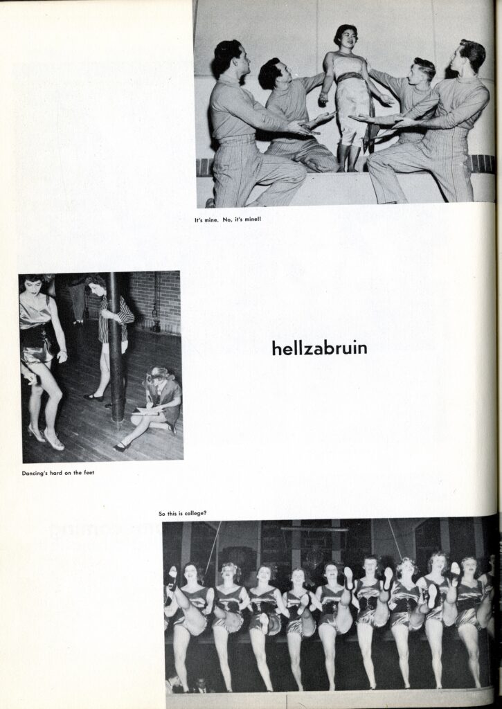 A collage from a 1950 yearbook that includes women dancing in a row