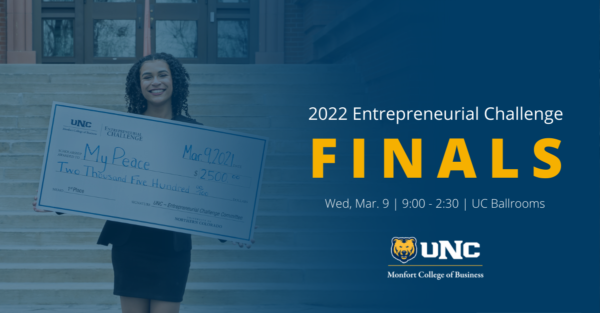 A student standing in front of Monfort College of Business building holding a check for $2500 made out to 