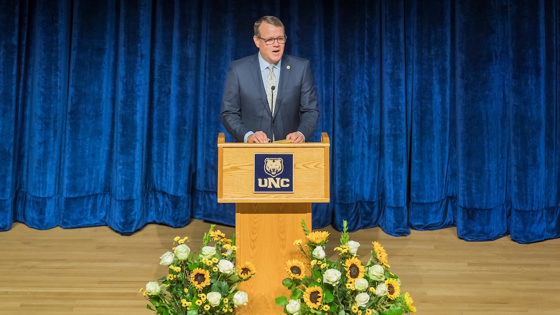 President Feinstein delivering the State of the University address