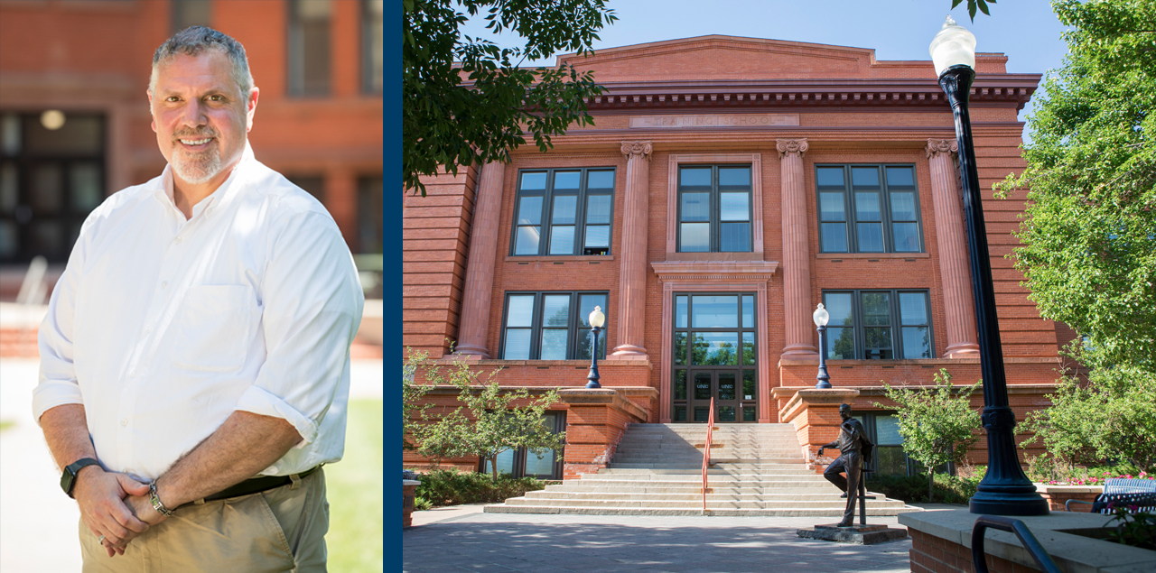portrait of Ken Colwell beside a photo of the front entrance of Kepner Hall