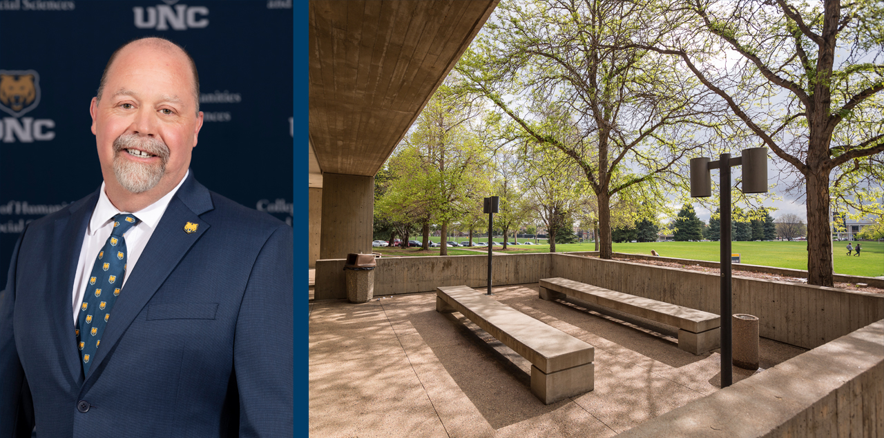 portrait of Jim Doerner beside the back entrance of Candelaria Hall