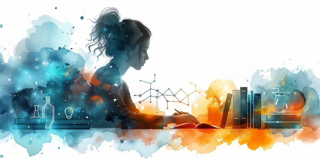 A graphic of a female student writing in a notebook