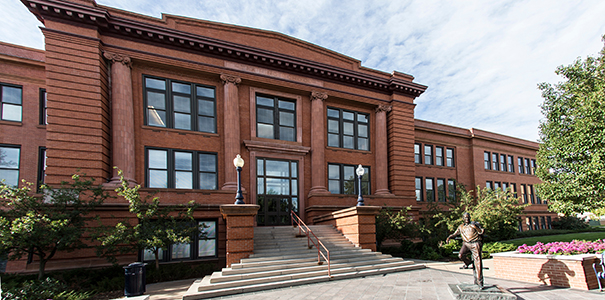Front entrance of UNC's Monfort College of Business.