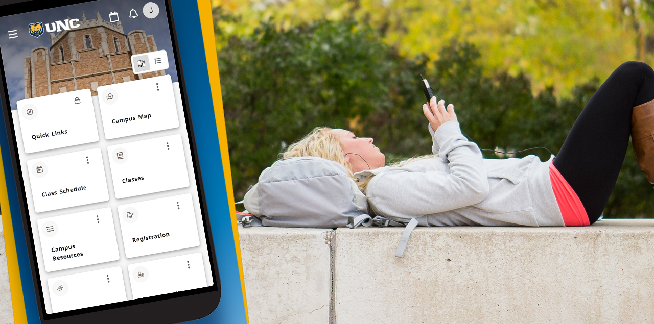 Inset photo of the my unc mobile app screen next to a student looking at a cell phone.