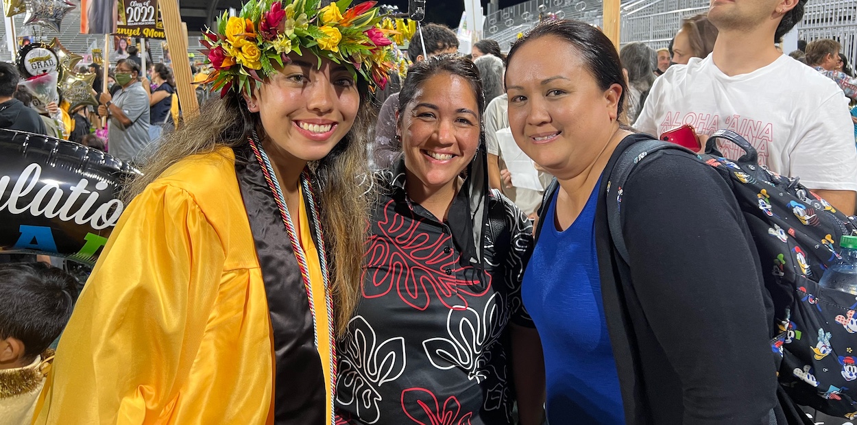 Shae Lefcourt, Megan Small ’01, ’05, and Striesand Sampaga '02, ’04 at Shae's graduation
