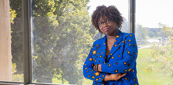 Vivian Guetler standing in Candelaria Hall