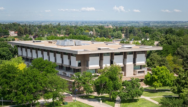 Exterior of Michener Library from above, during the day