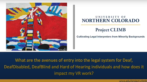 Opening Slide from Avenues of Entry: "What are the avenues of entry into the legal system for Deaf, Deaf-Disabled, Deaf-Blind, and Hard of Hearing individuals and how does it impact my VR work?"