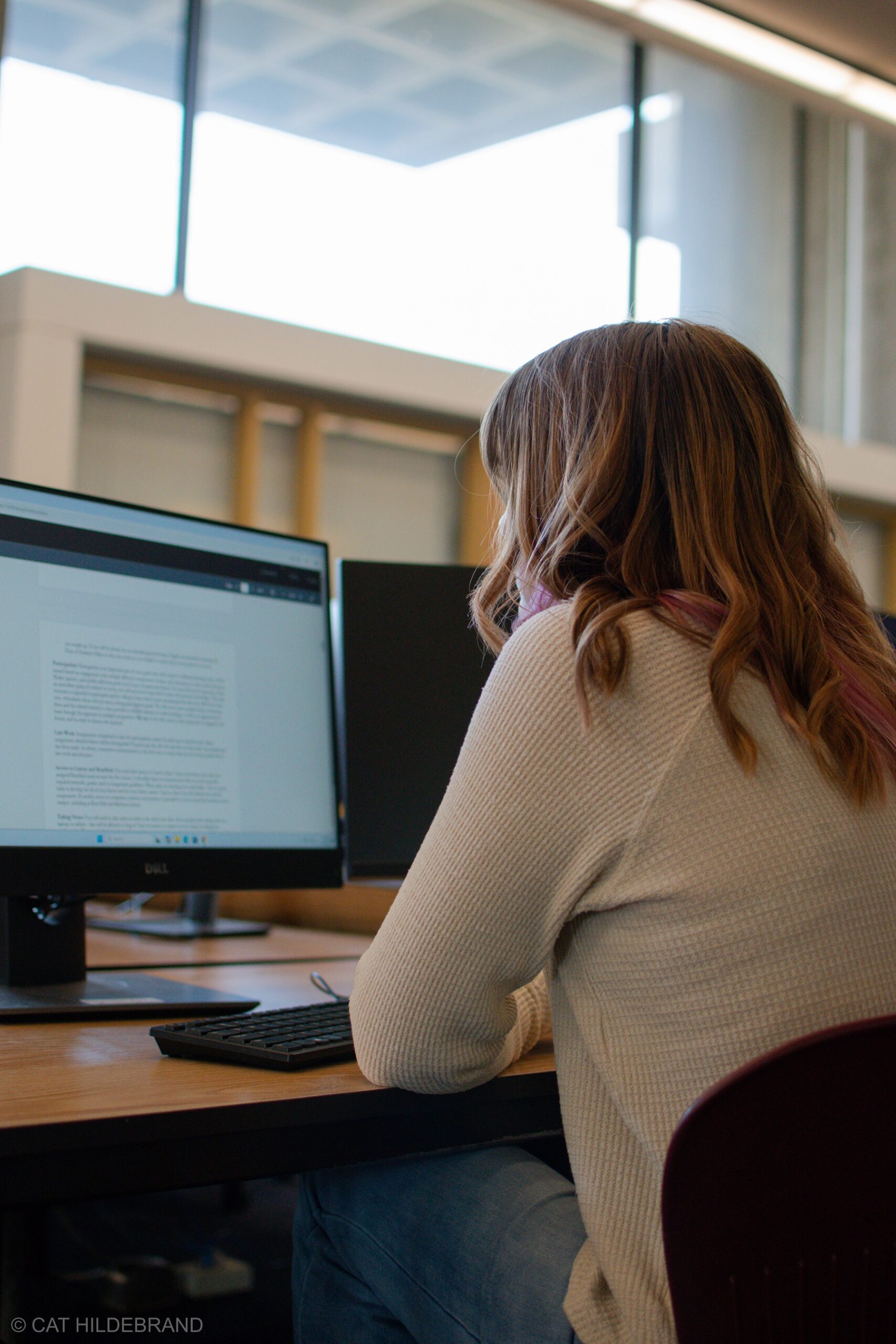 A student sitting at a desktop computer in Michener Library, reading a document