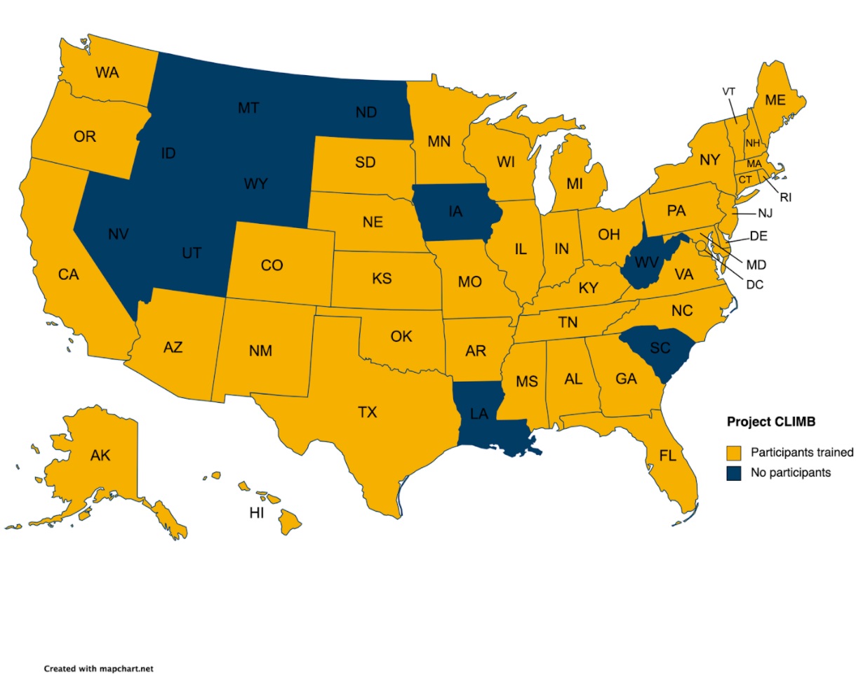Map of US States color coded to show where Project CLIMB participants were from