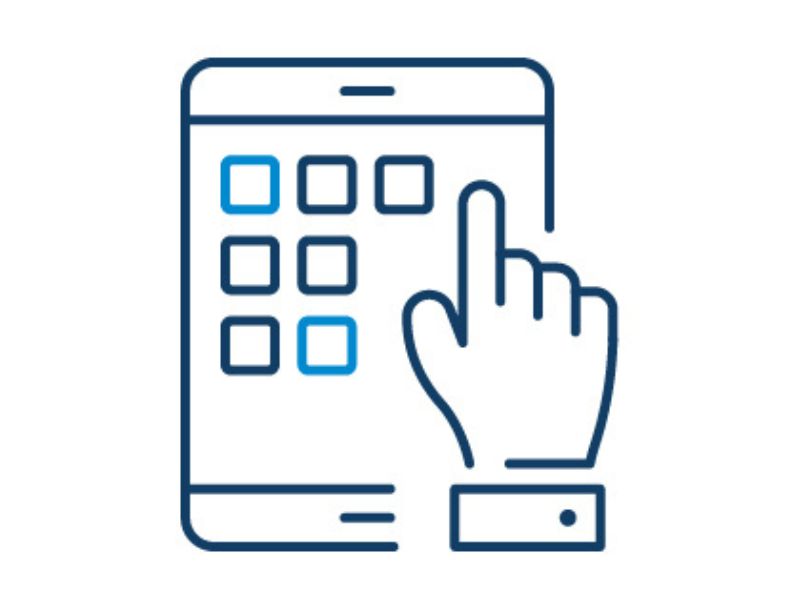 A graphic of a tablet with a hand selecting an icon.