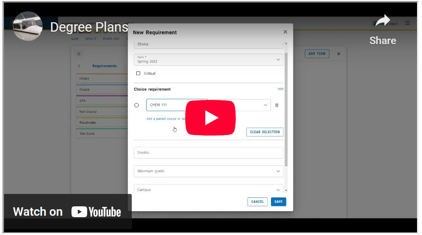 A YouTube thumbnail for the Degree Works Degree Plans Video.