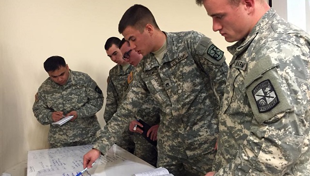 Army ROTC group looking down while using a whiteboard.