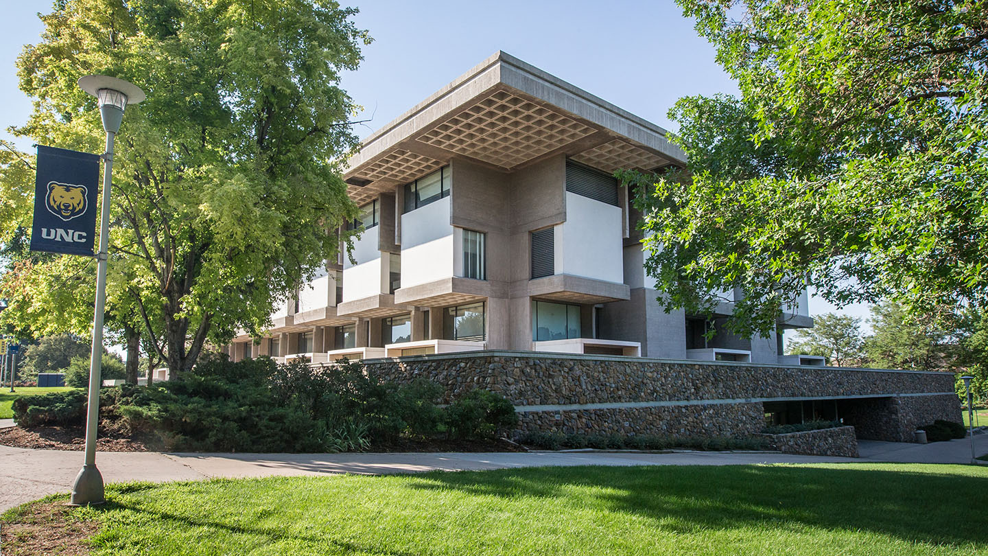 Image of Michener Library from the southwest corner