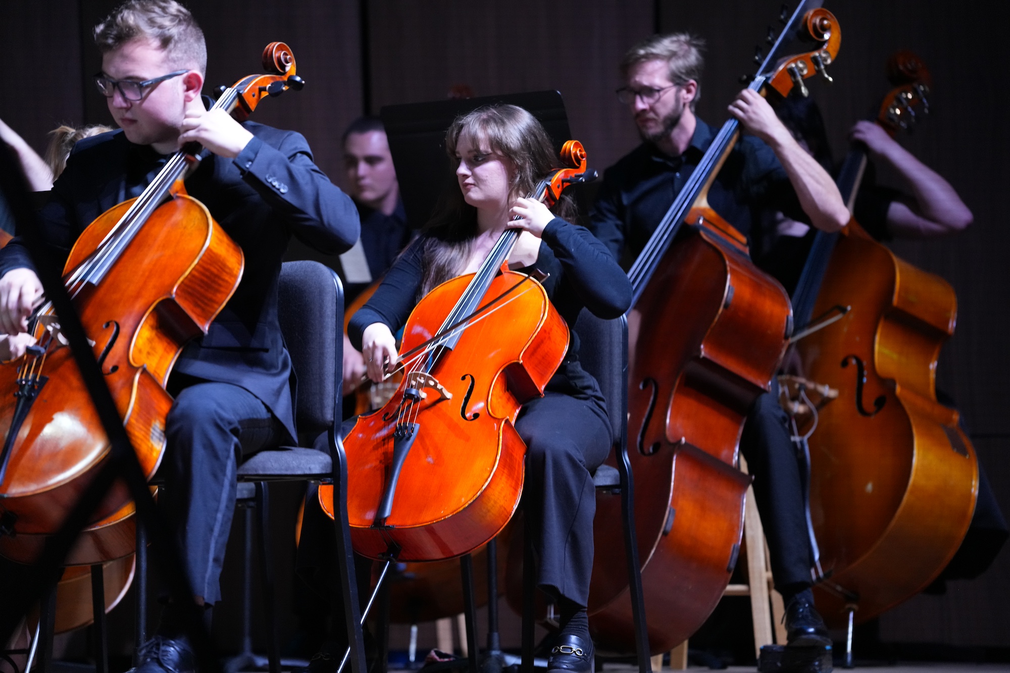 Orchestra strings performing.