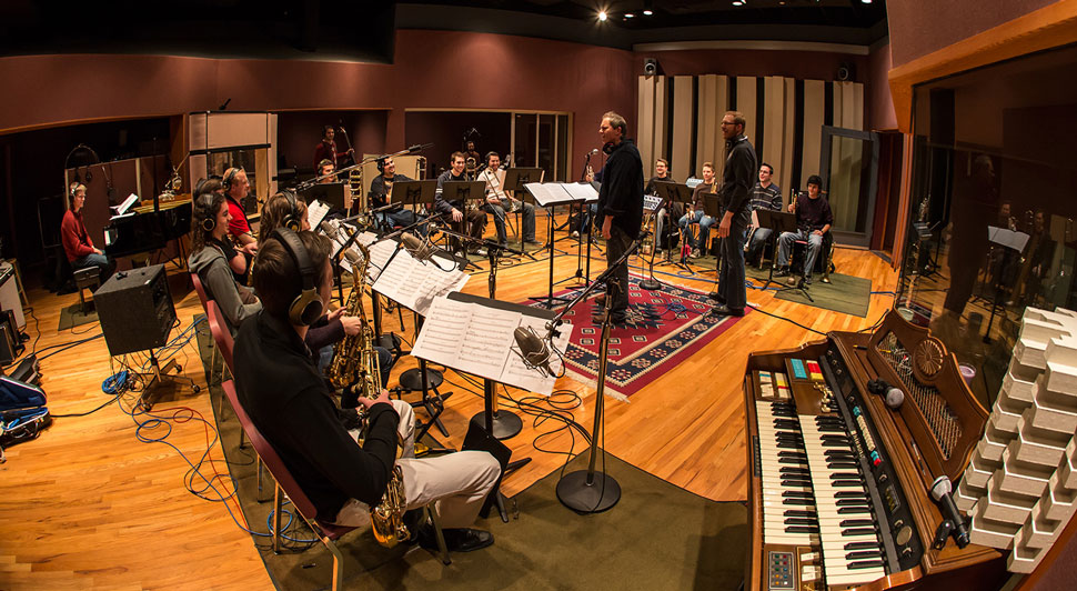 Studio A, Frasier Hall, 96 Recording Studio with s band recording.