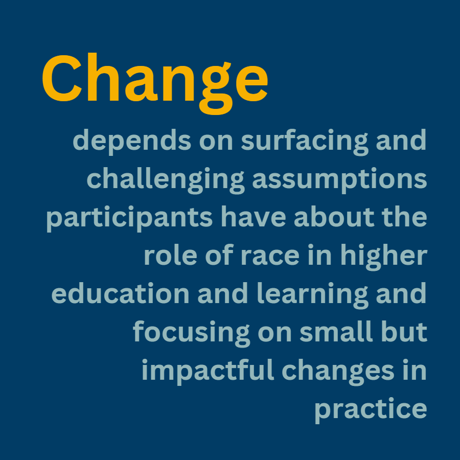 Blue banner image with text saying "Change: Depends on surfacing and challenging assumptions participants have about the role of race in higher education and learning and focusing on small impactful changes in practice"