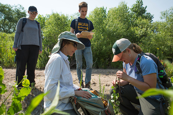 Jessica Salo and another faculty member with two students during an outside Lab