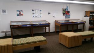 Lower level display cases in Michener Library