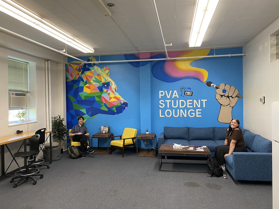 students hanging out in lounge.