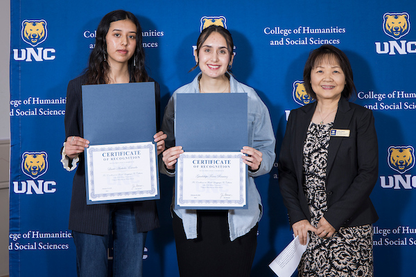 Lisette Arritola-Estrada and Guadalupa Torres Ramirez and Senior Lecture Sumiko Gibson at the HSS honored scholars convocation 2025