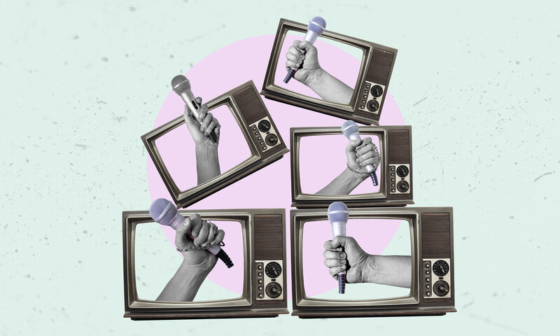 Collage art, lots of retro TVs with a hand with a microphone sticking out of them.
