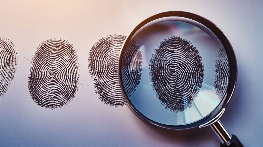 A line of fingerprints through a magnifying glass.