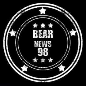Bear News 98 written in white letters, inside a circle with star designs