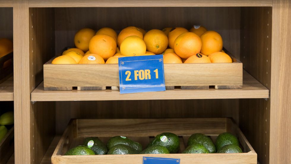 Oranges and avocados sit in baskets in Bear Pantry