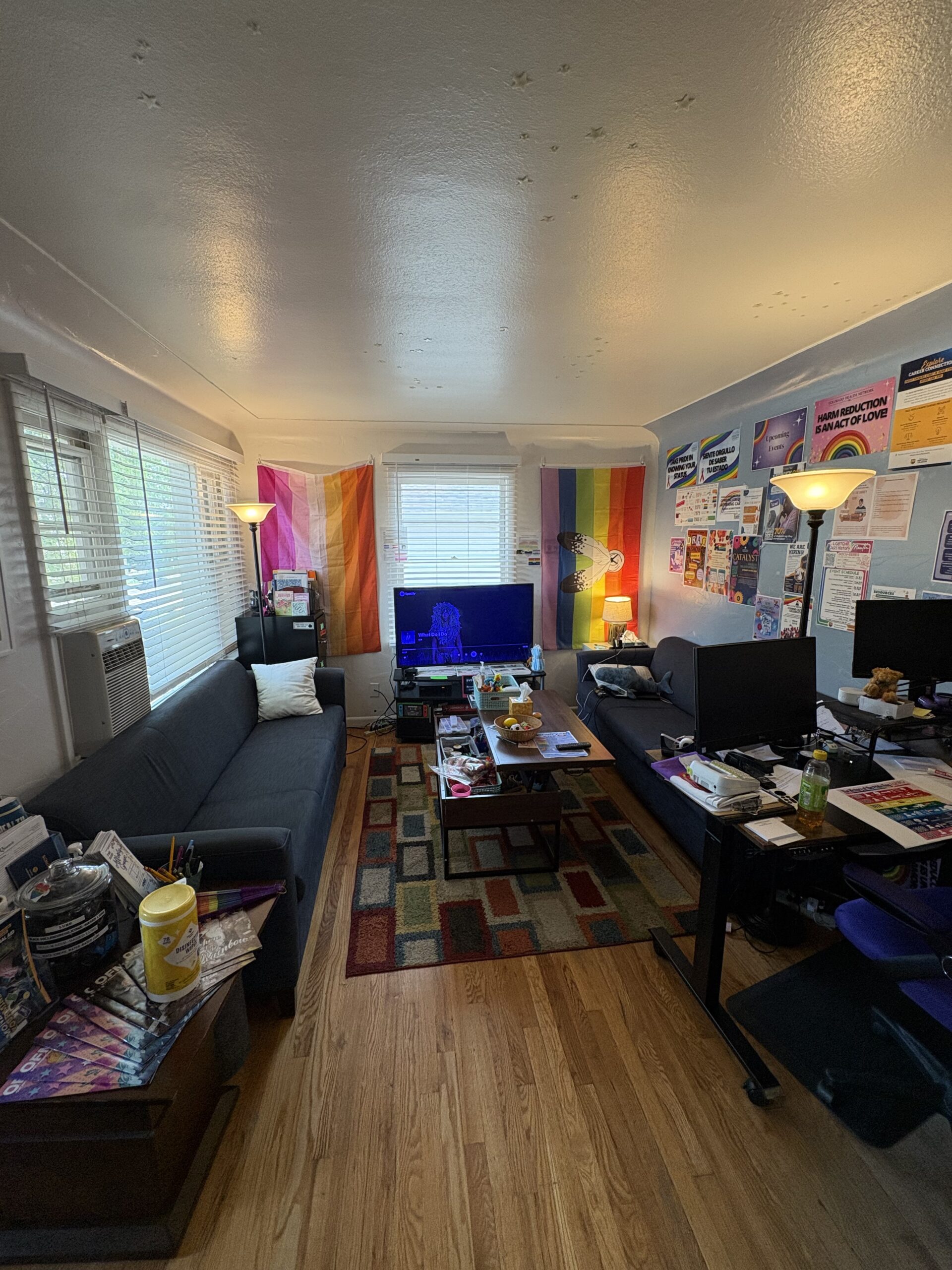 GSRC Main Hang Out living room space with resources, TV, and couches