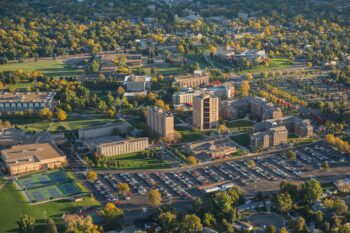 Aerial of the UNC campus in the spring time.