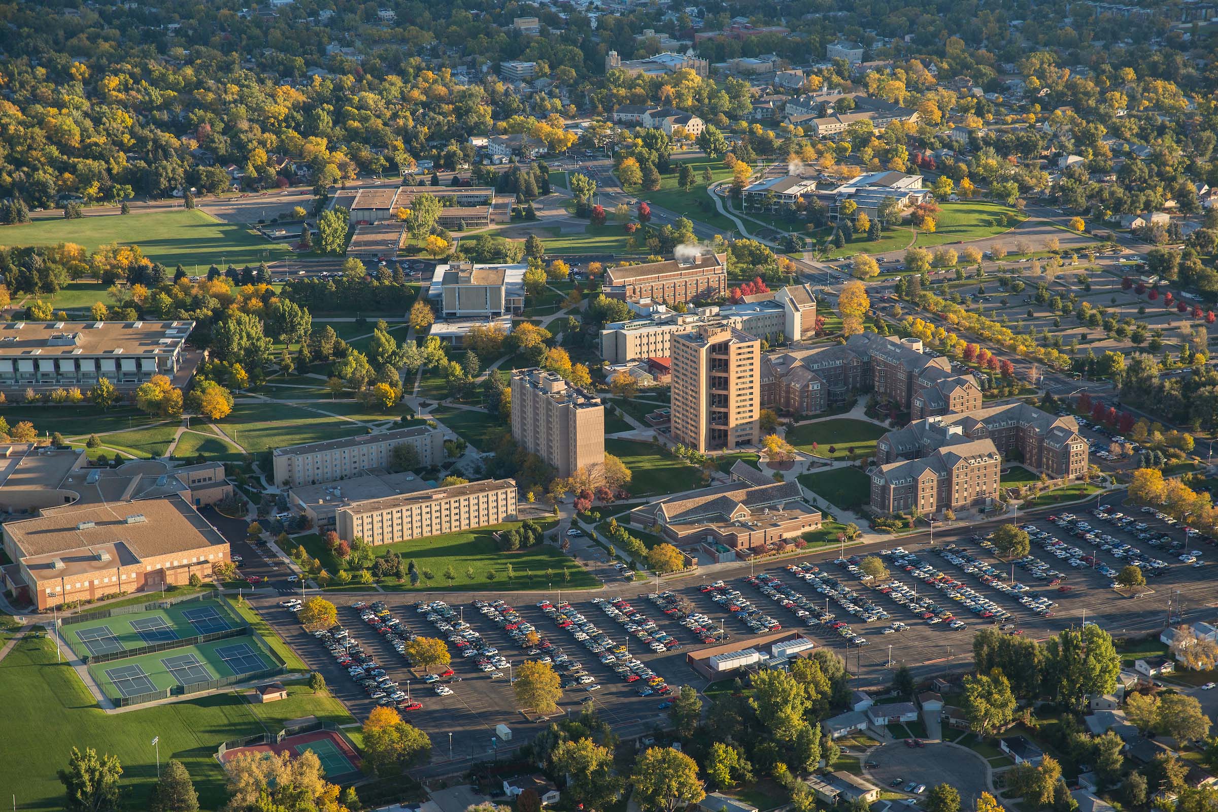 Aerial of the UNC campus in the spring time.