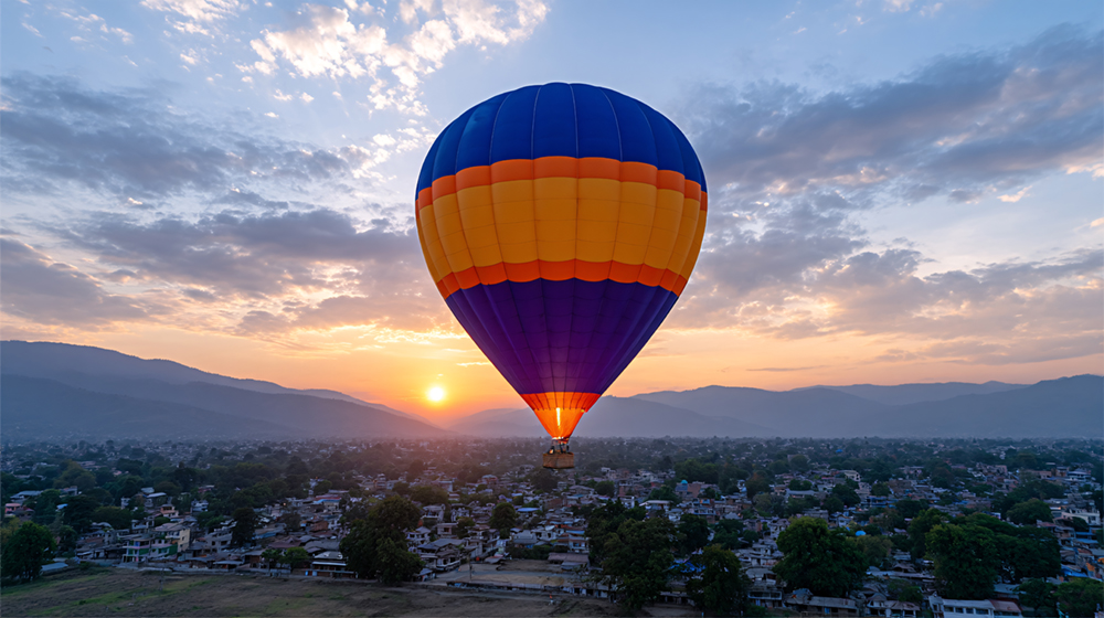 A hot air balloon floating in the sky.