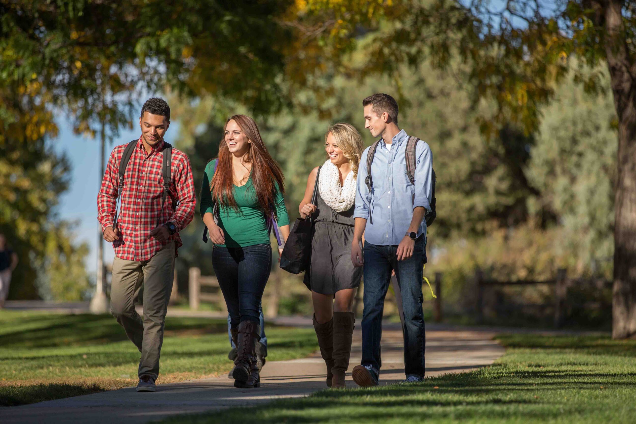 Several students walk down the sidewalk together.
