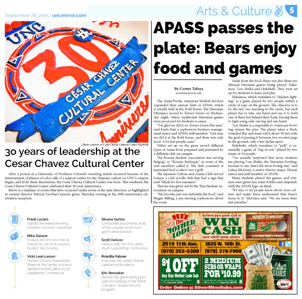 A screenshot of a news article from UNC Mirror, it has a picture of a cake that says 30th Cesar Chavez cultural center and the article title says 30 years of leadership at Cesar Chavez Cultural Center.