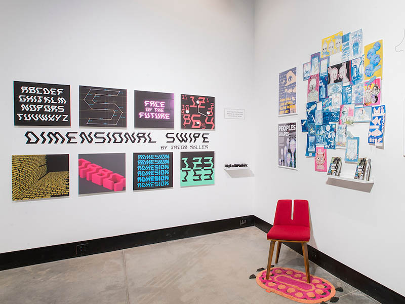 The 2024 Graphic Design senior show in Campus Commons showing the Dimensional Swipe exhibit by Jacob Miller.