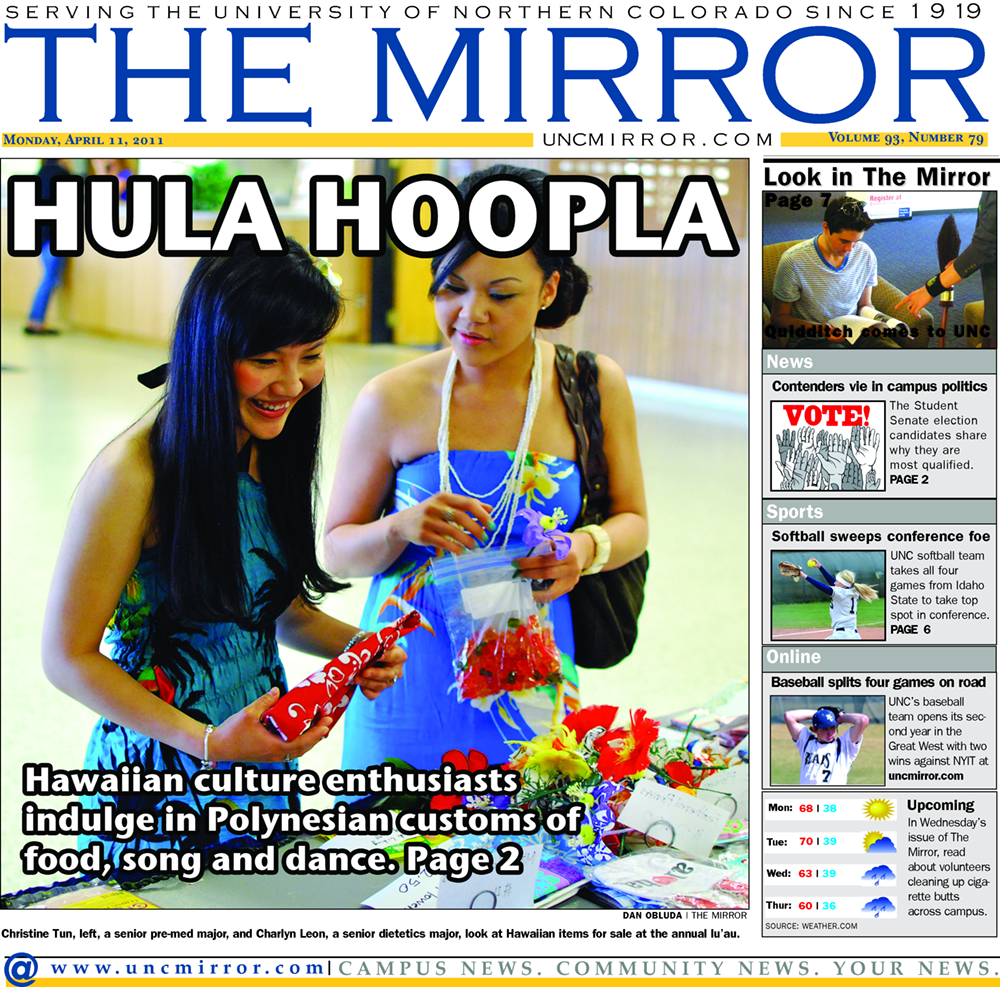 Article from UNC Mirror. The title reads Hula Hoopla and the subtitle reads Hawaiin culture enthusiasts indulge in Polynesian customs of food, song and dance.